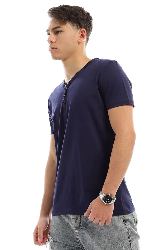 27127 Buttoned V-Neck Navy Blue Henley Shirt