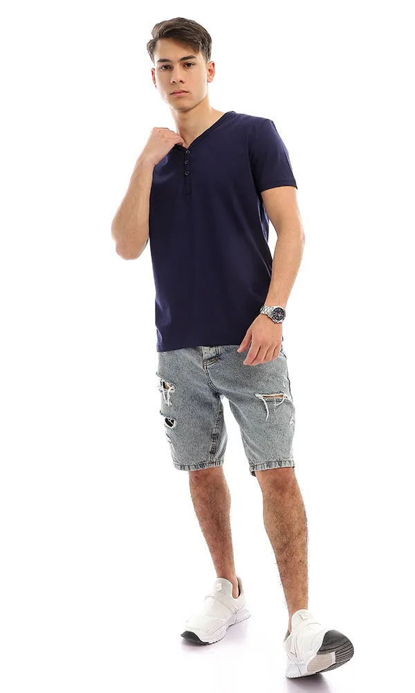 27127 Buttoned V-Neck Navy Blue Henley Shirt