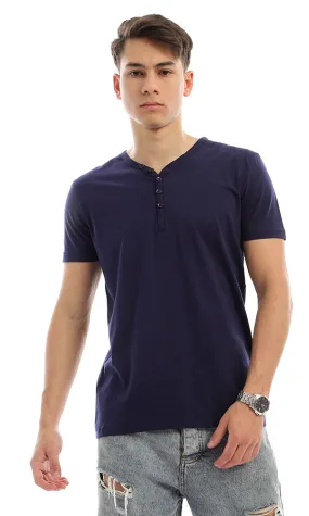 27127 Buttoned V-Neck Navy Blue Henley Shirt