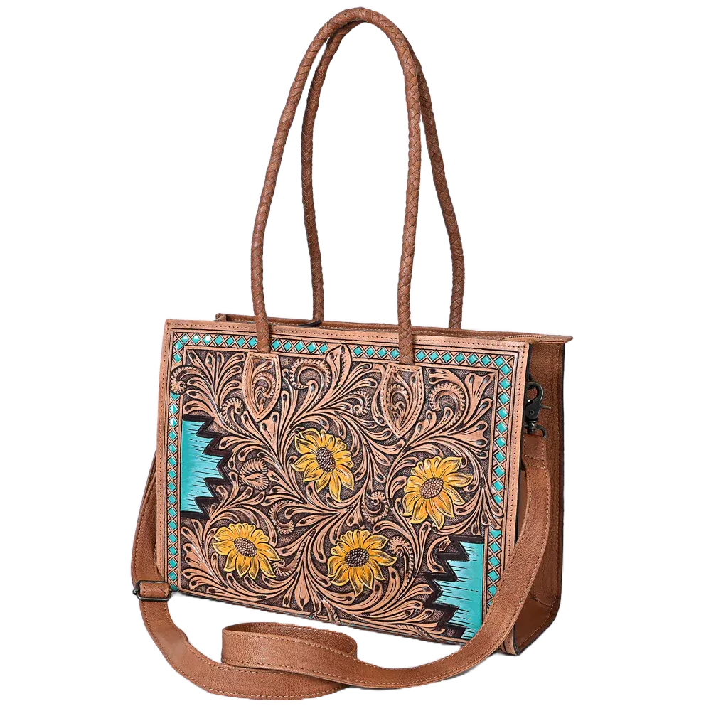 American Darling Floral Hand Tooled Brown & Turquoise Leather Bag ADBG1158