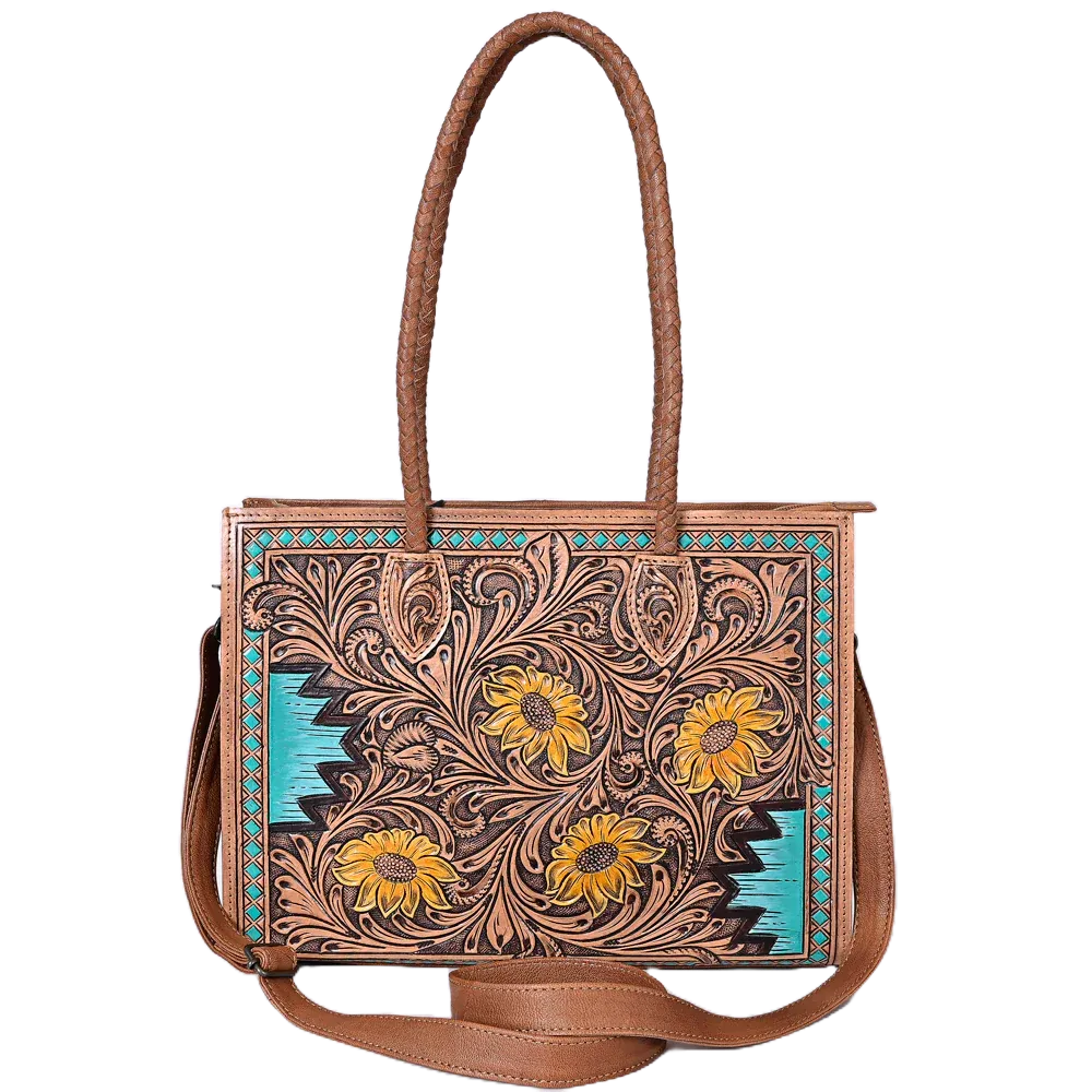 American Darling Floral Hand Tooled Brown & Turquoise Leather Bag ADBG1158