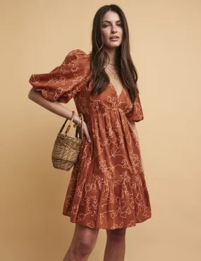 Brown Embroidered Vienna Mini Dress