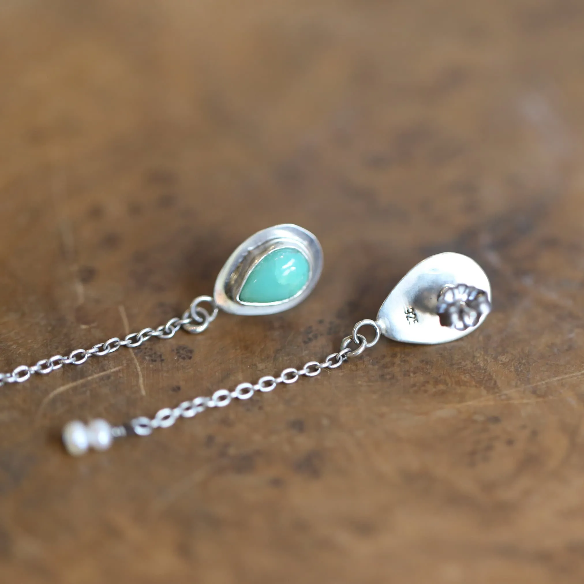 Chrysoprase Posts Pearl Dangles - Chain Drops with pearls - .925 Sterling Silver - Silversmith