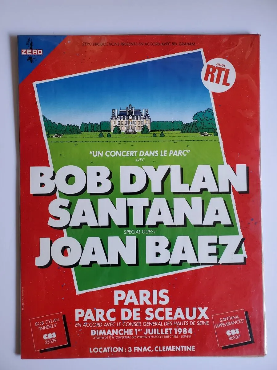 Concert Poster - Bob Dylan, Santana, Joan Baez 1984 - Paris France Parc De Sceaux