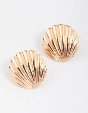 Gold Large Clam Stud Earrings