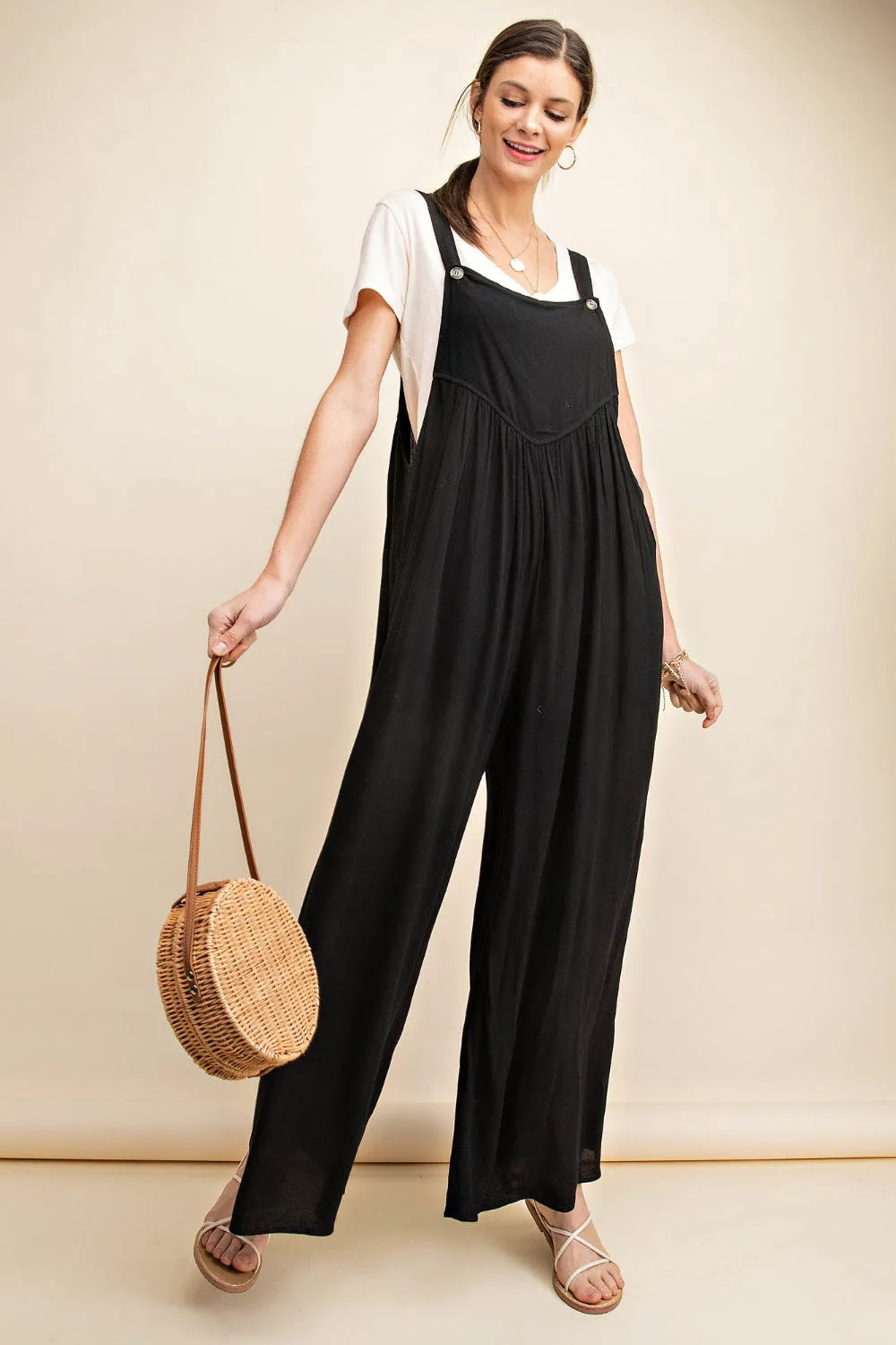 Ruched Wide Leg Overalls in Black